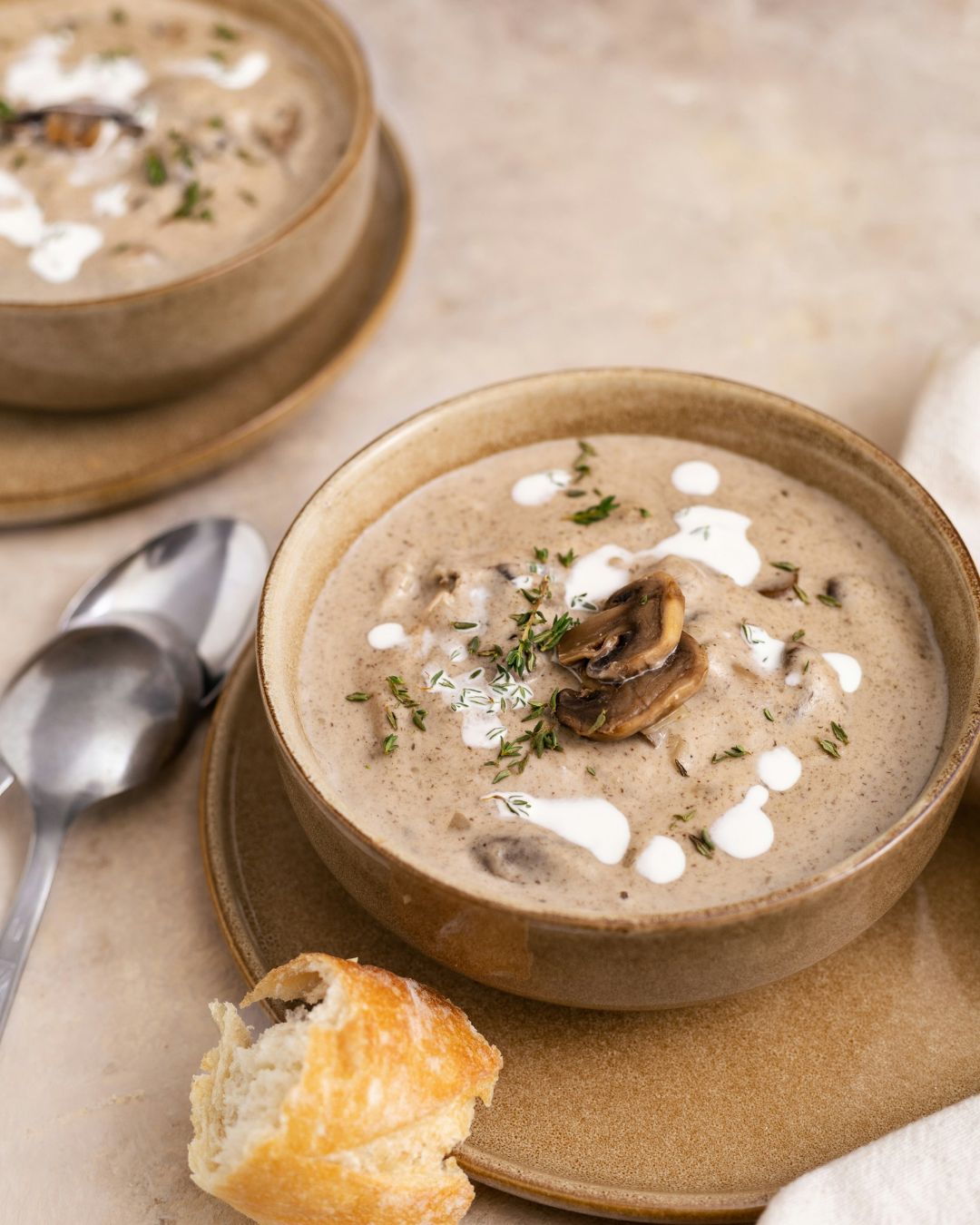 Creamy Mushroom Soup with Parmesan & Rosemary Brioche Croutons