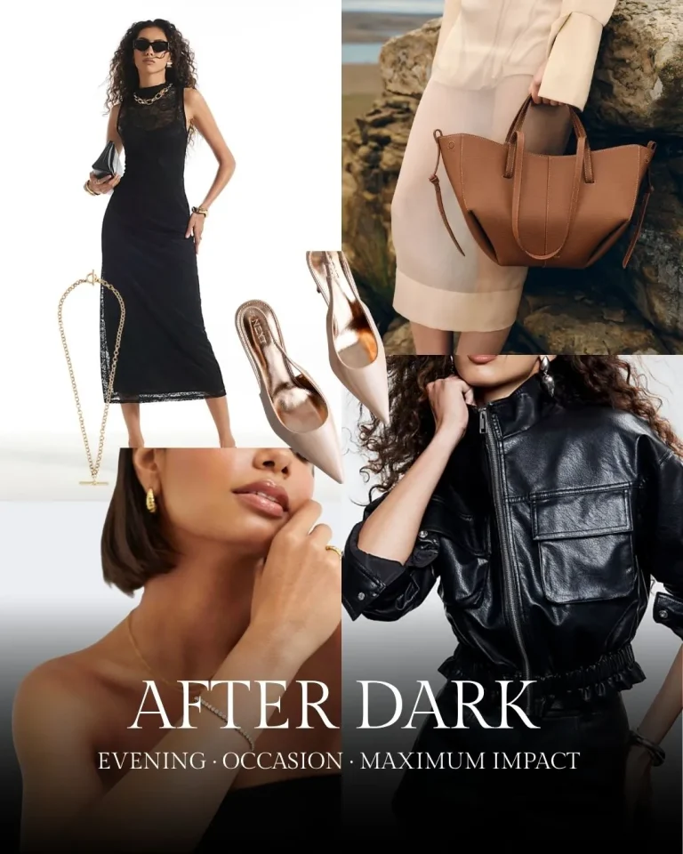 Collage of evening wear and accessories including black midi dress, tan leather tote bag, metallic heels, black leather jacket, and gold jewelry, titled 