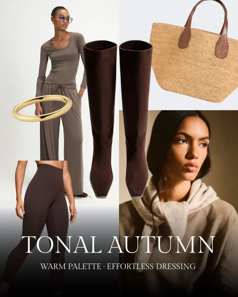 Collage showing autumn fashion items in warm tones: woman in taupe outfit with gold bangle, brown knee-high boots, woven tan tote bag, dark leggings, and close-up portrait of woman in beige hoodie.