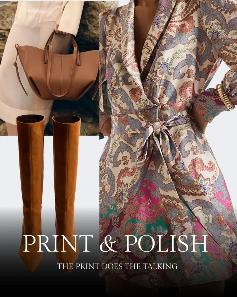 Brown leather tote bag, tall cognac boots, and patterned blazer with paisley print in jewel tones styled together as an autumn outfit