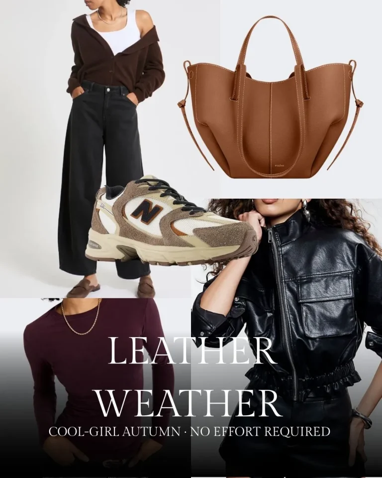 Collage of four autumn outfits featuring brown cardigan with black pants, tan leather tote bag, beige and brown sneakers, black leather jacket, and burgundy top with gold chain necklace, with text overlay reading 