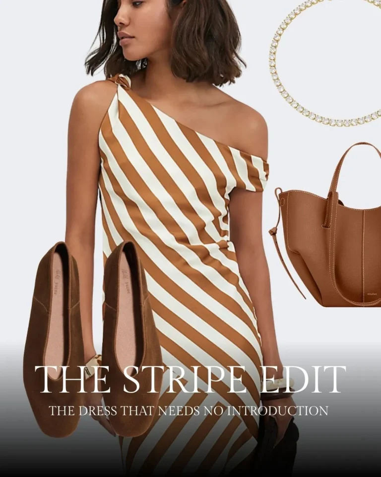 Woman wearing a caramel and cream striped one-shoulder dress, styled with brown leather accessories and pearl jewelry