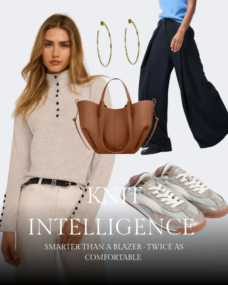 Fashion outfit featuring a cream cardigan, gold hoop earrings, tan leather tote bag, black wide-leg trousers, and beige sneakers with coral accents