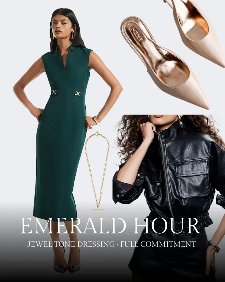 Woman in emerald sleeveless dress with gold chain necklace styled with gold pointed-toe heels and black leather jacket, demonstrating jewel-tone dressing options