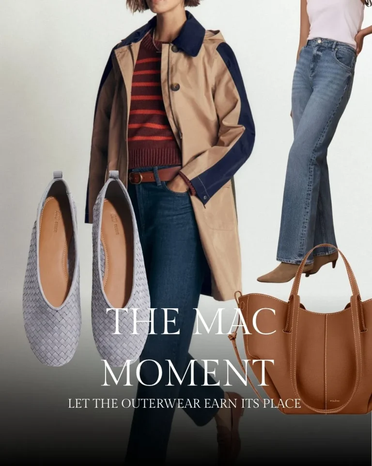 Two models showcasing autumn outerwear and accessories: one wearing a beige and navy jacket with striped sweater and dark jeans, paired with a brown tote bag and brown boots; the other in light jeans and lavender top, styled with white woven slip-on