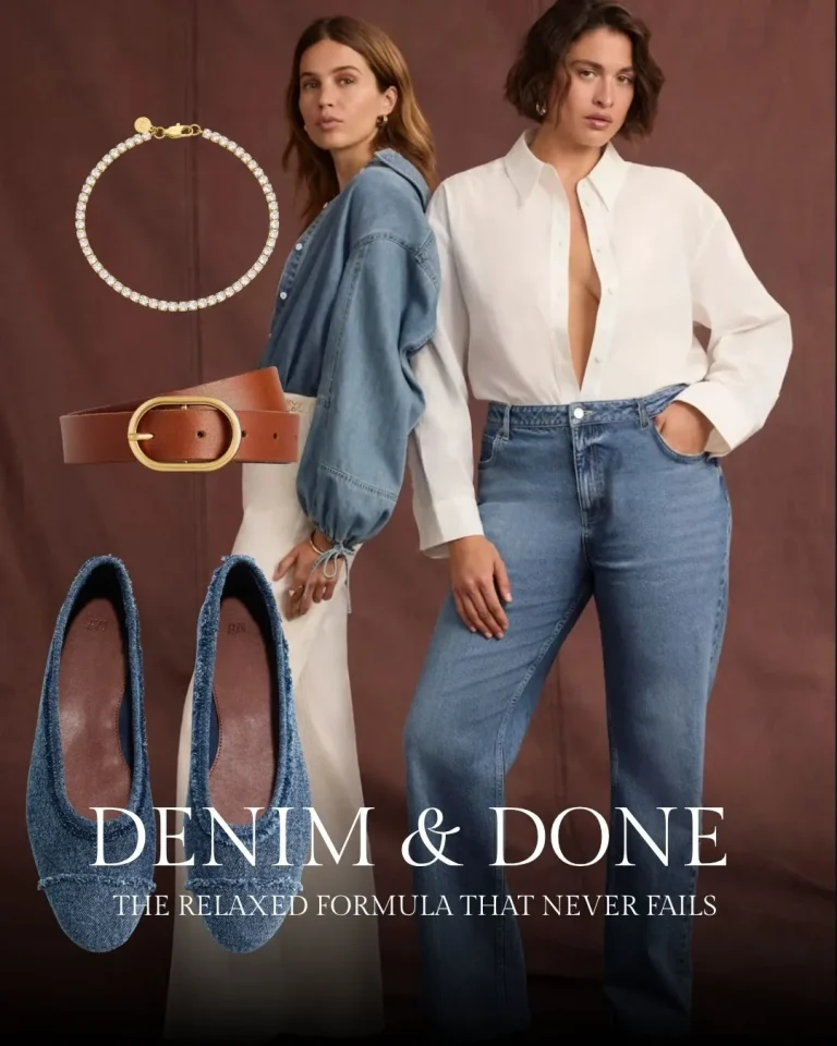Two women model denim and accessories including a pearl bracelet, cognac belt with gold buckle, and denim ballet flats against a mauve background