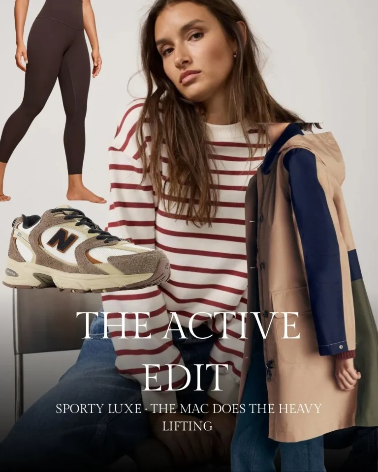 A woman wearing a burgundy and white striped shirt and beige color-block jacket stands surrounded by athletic pieces including New Balance sneakers, dark leggings, and denim, promoting a sportswear collection