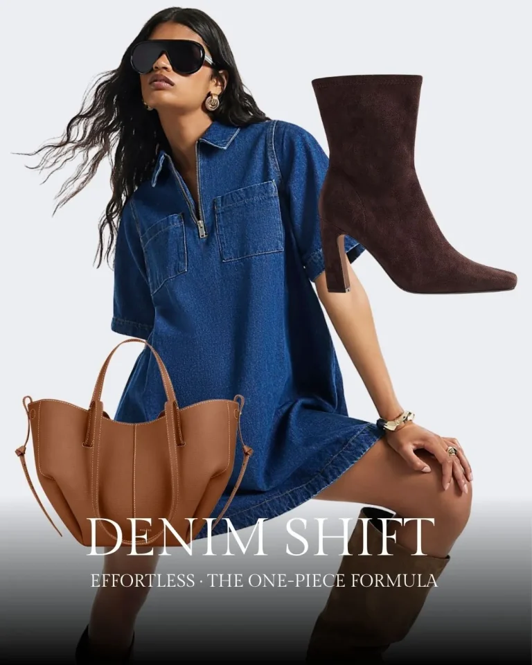 Woman wearing oversized denim shirt, brown suede boots, tan tote bag, and black sunglasses, styled for a denim fashion campaign