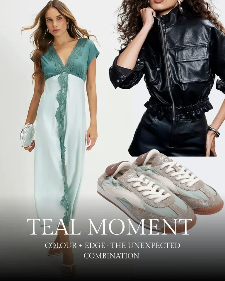 Woman in teal and white lace dress, woman in black leather jacket, and beige and cream sneakers arranged to showcase teal colour styling