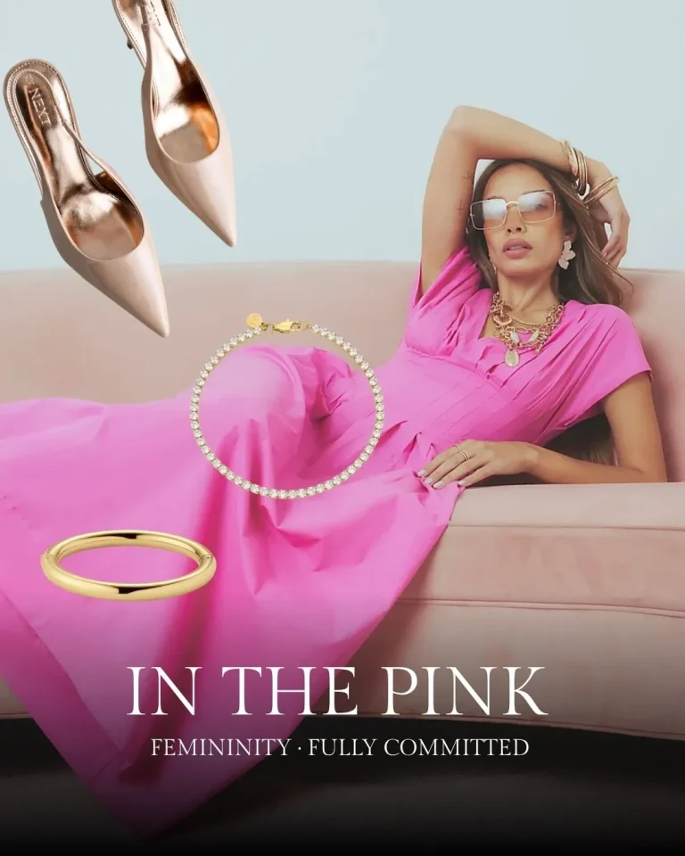 Woman in bright pink outfit and sunglasses reclines on a beige sofa, surrounded by rose gold heels, pearl and gold jewelry, with text reading 