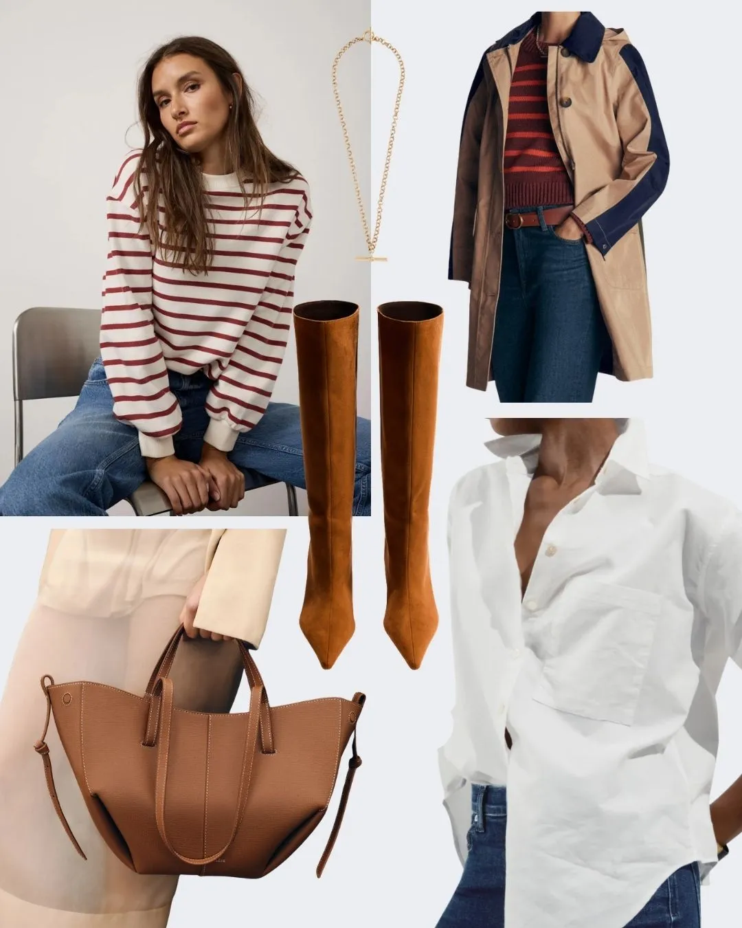 Fashion mood board showing autumn outfits featuring a striped top, camel coat, brown boots, cognac tote bag, gold necklace, and white shirt styled with denim.