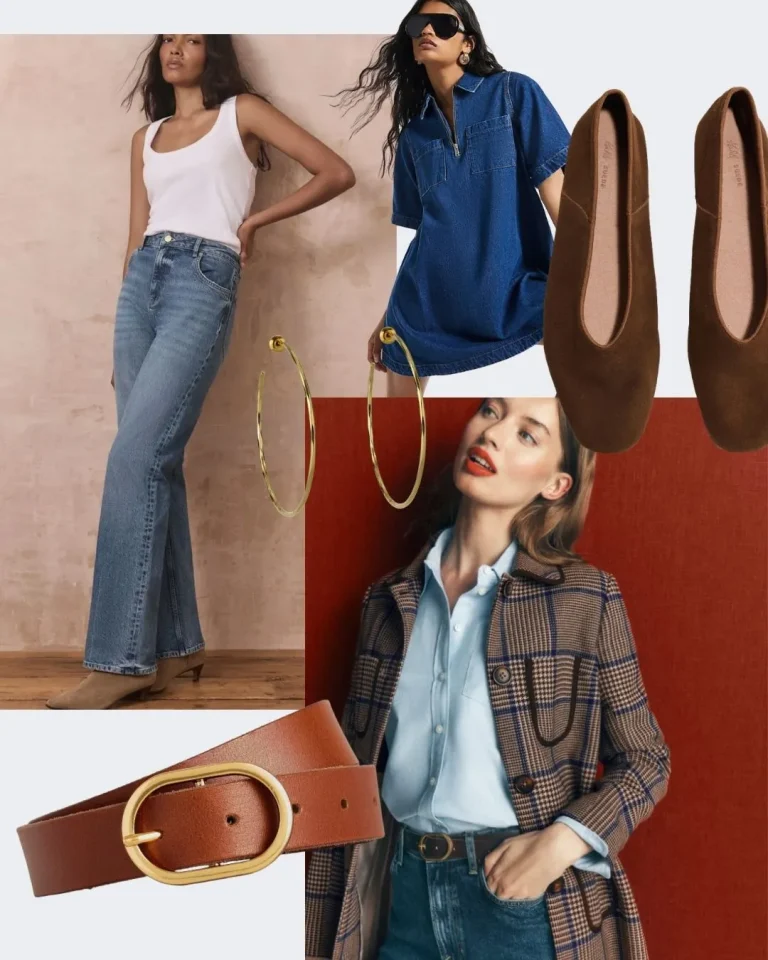 Collage of autumn fashion styling featuring two women in casual and layered outfits, paired with brown ballet flats, gold hoop earrings, and a cognac leather belt with gold buckle
