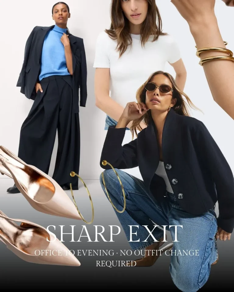 Models wearing navy blazers, white t-shirt, and jeans styled for office to evening wear, with gold accessories and pointed metallic shoes