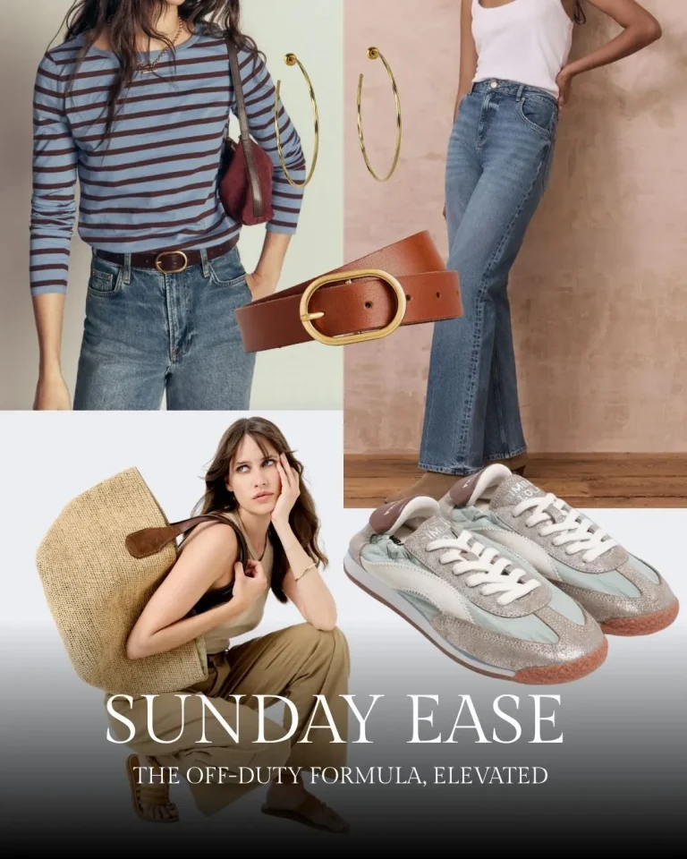 Four fashion styling combinations featuring striped top with jeans and brown belt, flared jeans with white tank, straw bag, gold hoop earrings, and retro sneakers.